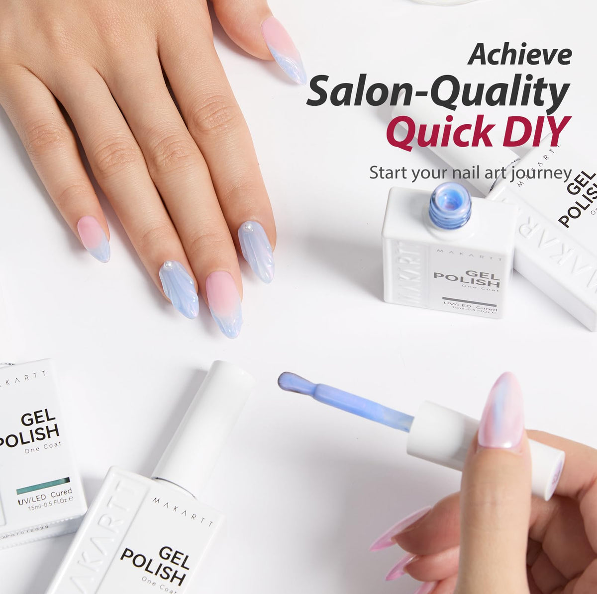 Makartt polish applied on nails showing high-gloss pearlescent finish and durability