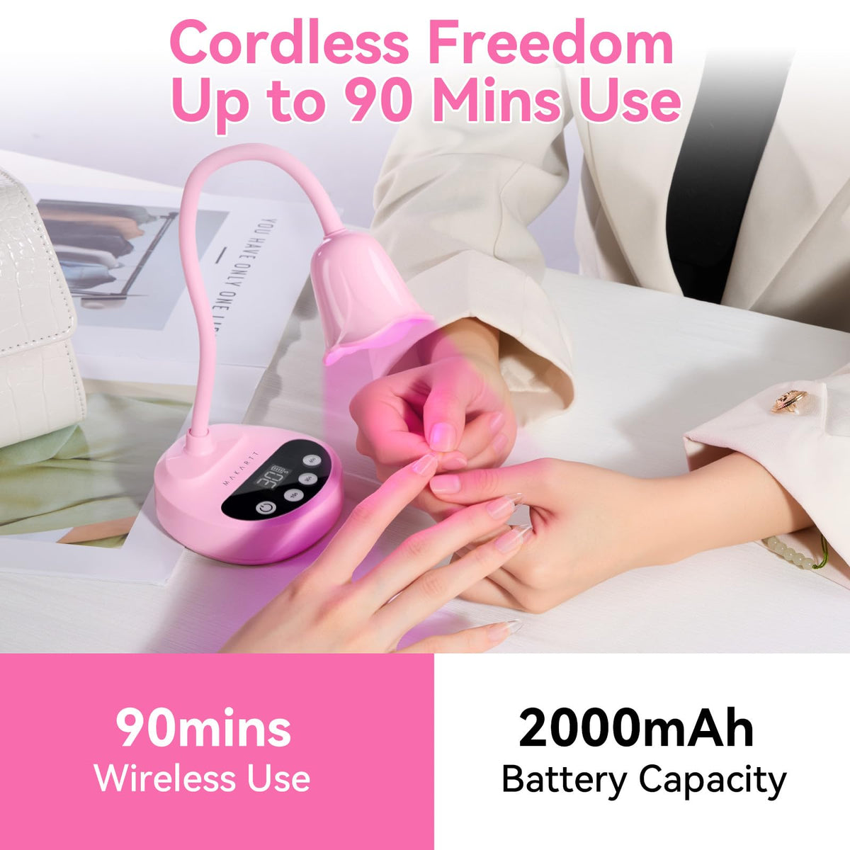 Makartt beside a hand for scale showing portable cordless convenience