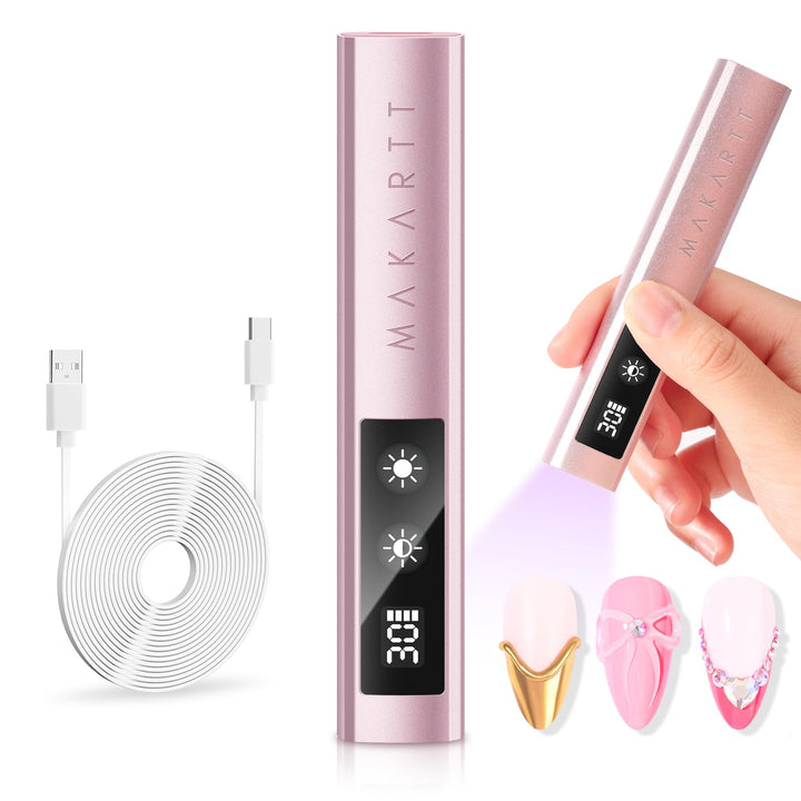 Makartt UV lamp front view showing rose gold finish and compact design benefit portability