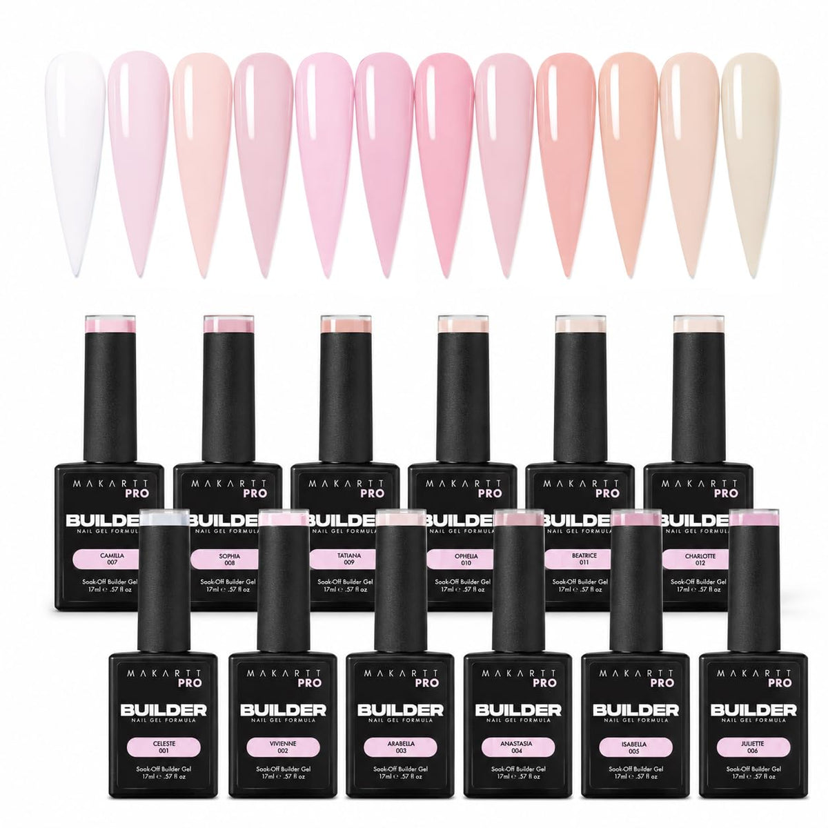 MakarttPro front packaging showing 12 neutral cover builder gel bottles and benefits