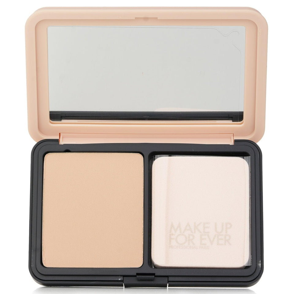 Make Up For Ever compact front view showing product and brand, clear matte finish benefit