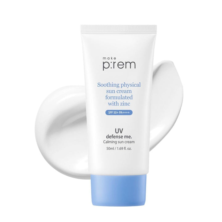 MAKE P:REM front packaging showing calming sun cream and clear benefits