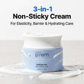 MAKE P:REM cream on fingertip demonstrating lightweight spreadability benefit