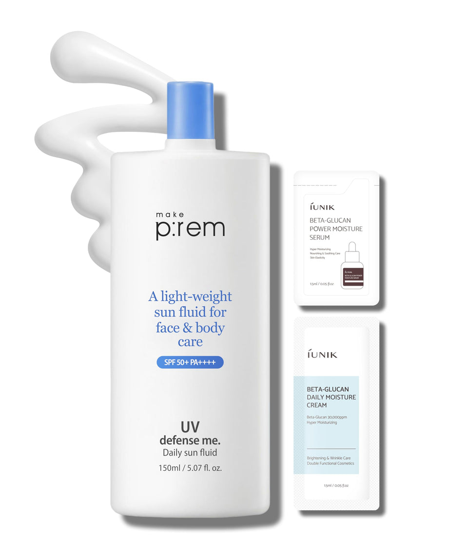 MAKEP:REM front packaging showing SPF50+ protection and bottle design benefit: clear use info