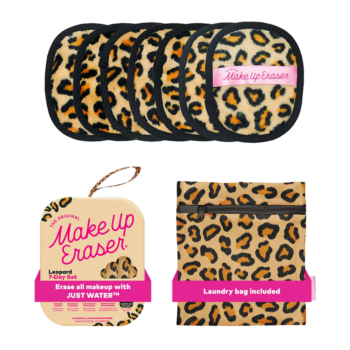 MakeUp Eraser front packaging leopard with weekly pads for convenience