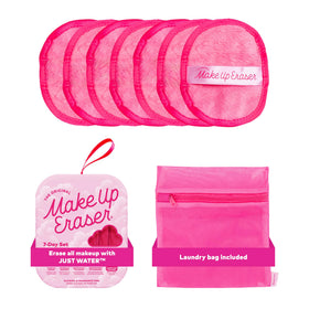 MakeUp Eraser front packaging pink showing seven reusable cloths and benefits