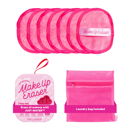 MakeUp Eraser front packaging pink showing seven reusable cloths and benefits