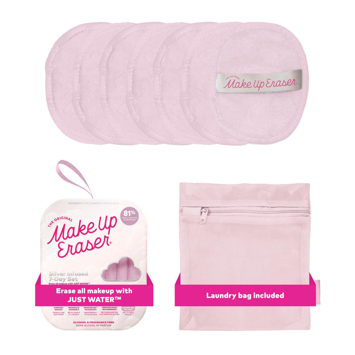 MakeUp Eraser front packaging showing silver-infused cloth set for water-only removal