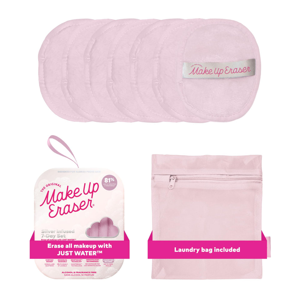 MakeUp Eraser front packaging showing silver-infused cloth set for water-only removal