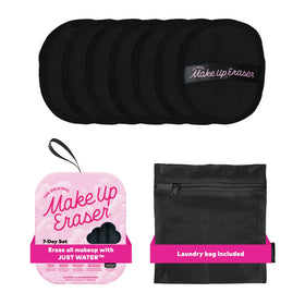 MakeUp Eraser front packaging showing 7-count set and chic black design benefit: reusable convenience