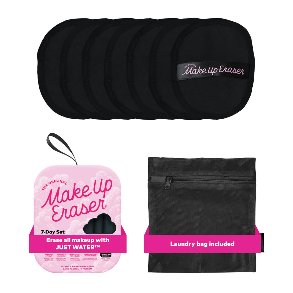 MakeUp Eraser front packaging showing 7-count set and chic black design benefit: reusable convenience