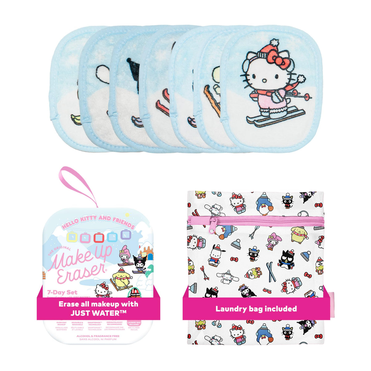 MakeUp Eraser front packaging showing Hello Kitty skiing and seven cloths, clear organization benefit
