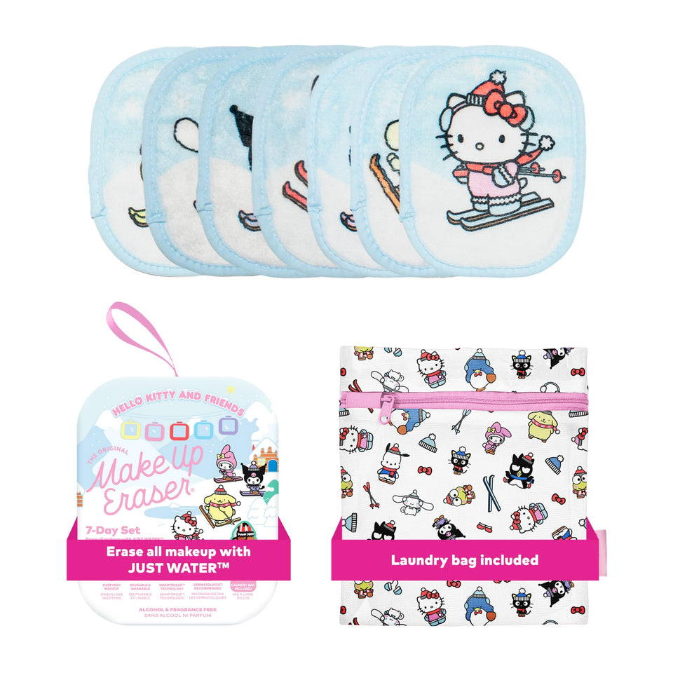 MakeUp Eraser front packaging showing Hello Kitty skiing and seven cloths, clear organization benefit