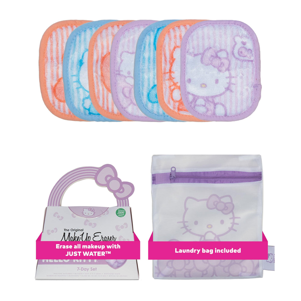 MakeUp Eraser front packaging showing Hello Kitty pastel design and set benefits