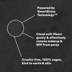 MakeUp Eraser held in hand demonstrating easy wipe-off of makeup benefit: quick removal