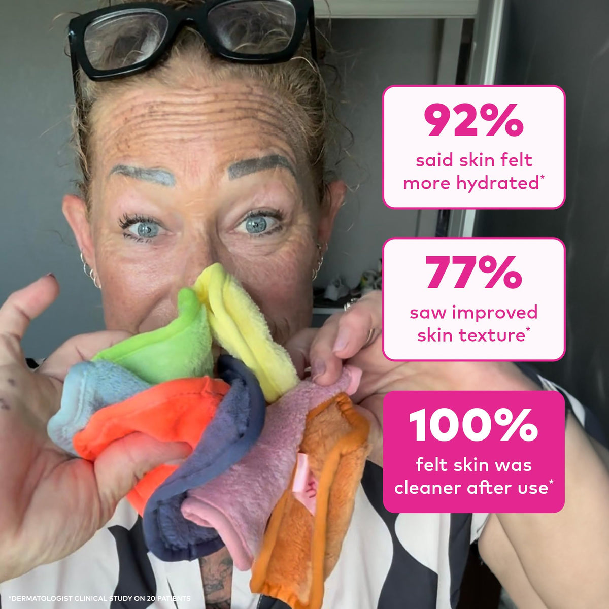MakeUp Eraser set with matching laundry bag laid flat for organized storage benefit