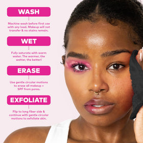 MakeUp Eraser on bathroom vanity staged with skincare, highlighting reusable eco benefit