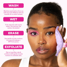 MakeUp Eraser on a bathroom vanity near cleanser for streamlined skincare routine