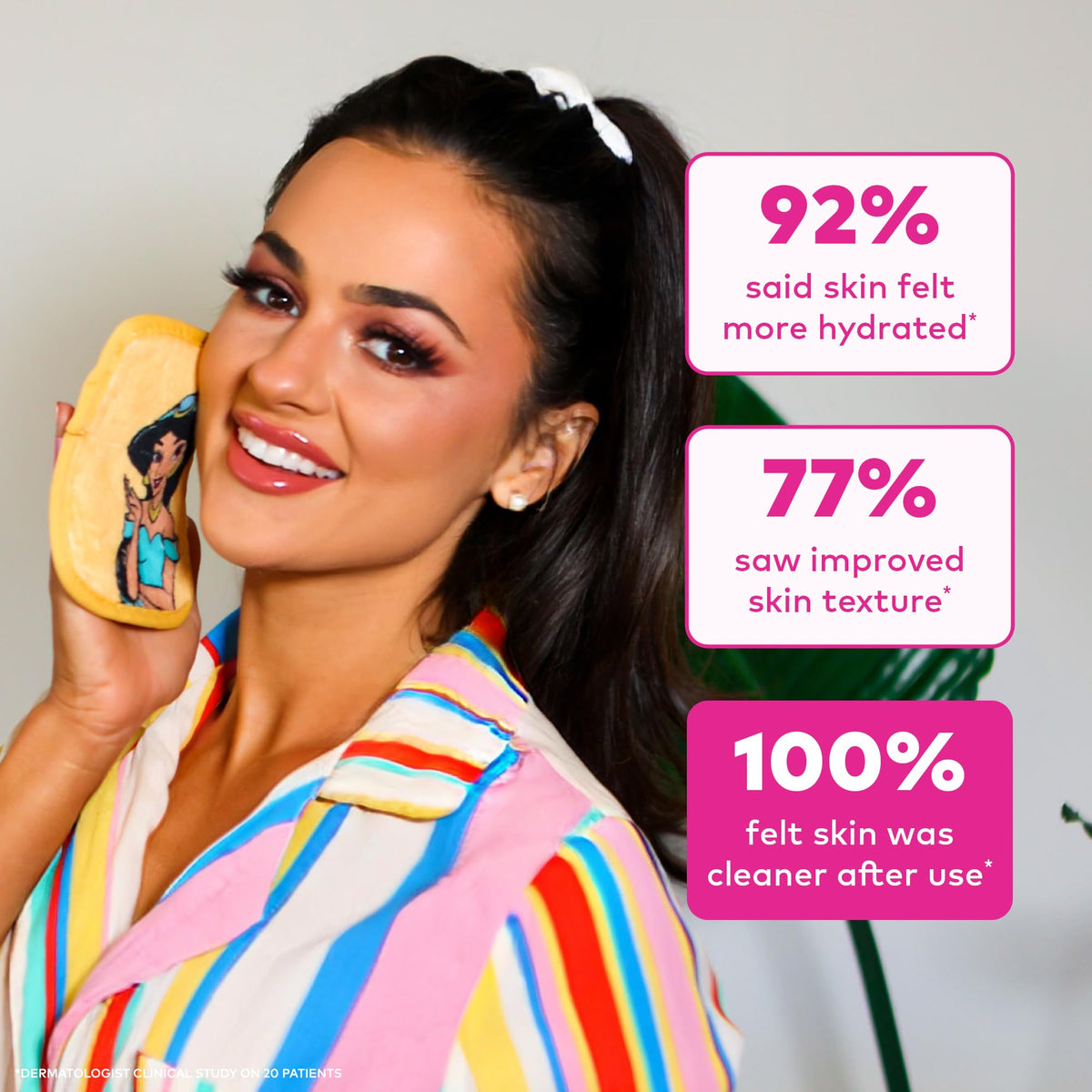MakeUp Eraser showing short erase and long exfoliate fiber sides for two-in-one benefit