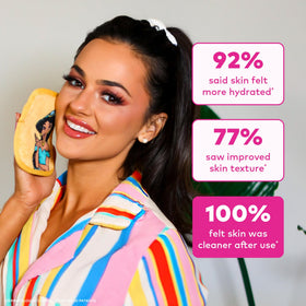 MakeUp Eraser showing short erase and long exfoliate fiber sides for two-in-one benefit