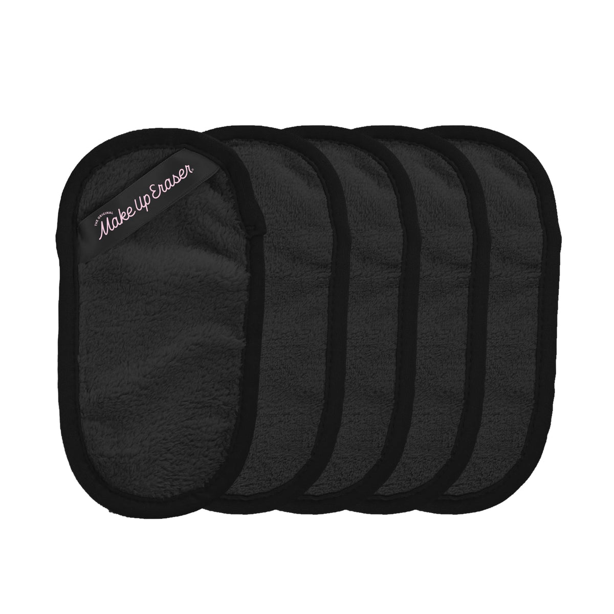 MakeUp Eraser front packaging showing five chic black mini cloths, sustainable convenience