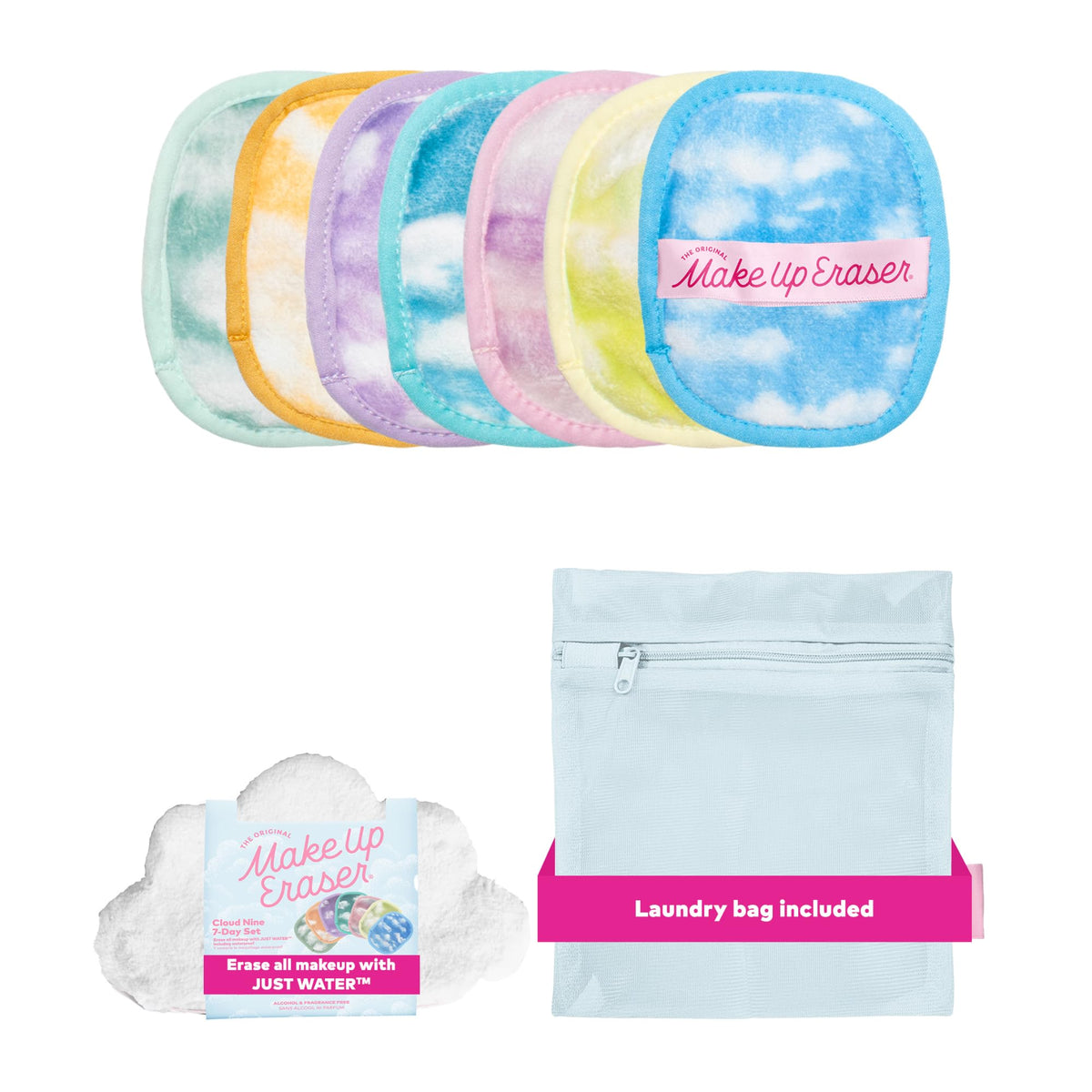 MakeUp Eraser pack front view showing seven Cloud 9 pads and benefits