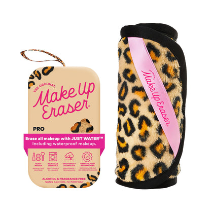 MakeUp Eraser front packaging leopard shows reusable cloth and sustainable benefit