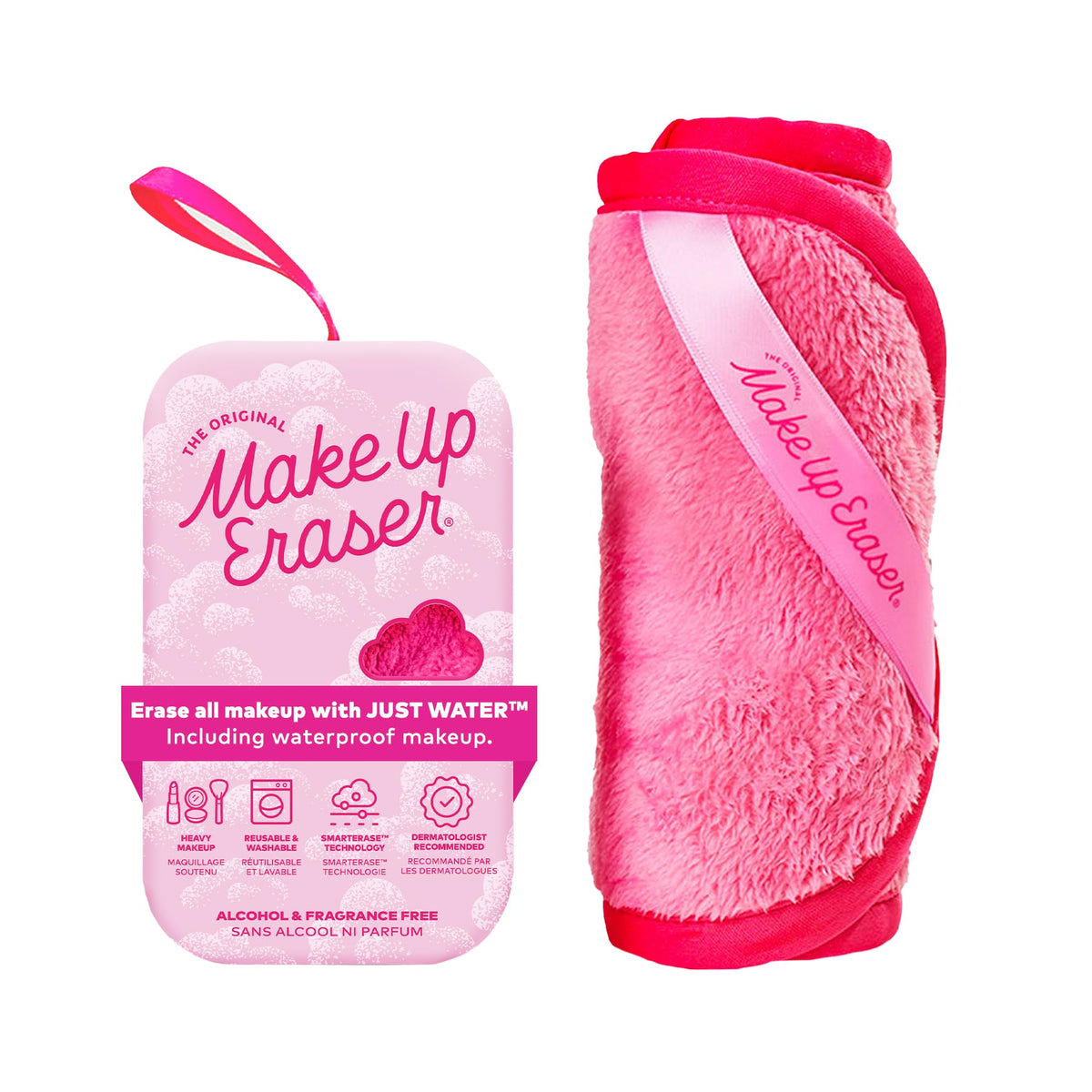 MakeUp Eraser front packaging showing product and pink color, easy reusable benefit