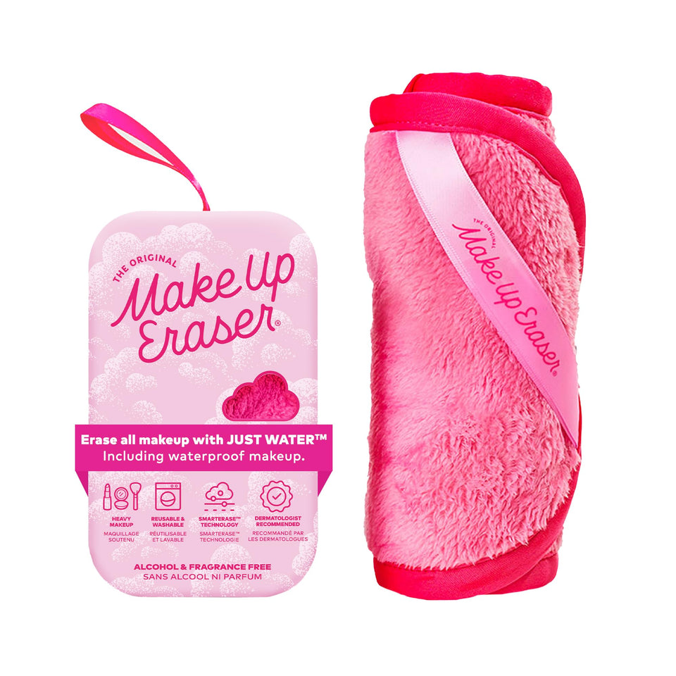 MakeUp Eraser front packaging showing product and pink color, easy reusable benefit