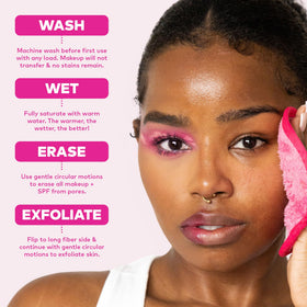 MakeUp Eraser staged on vanity next to cleanser, lifestyle image highlighting sustainable routine