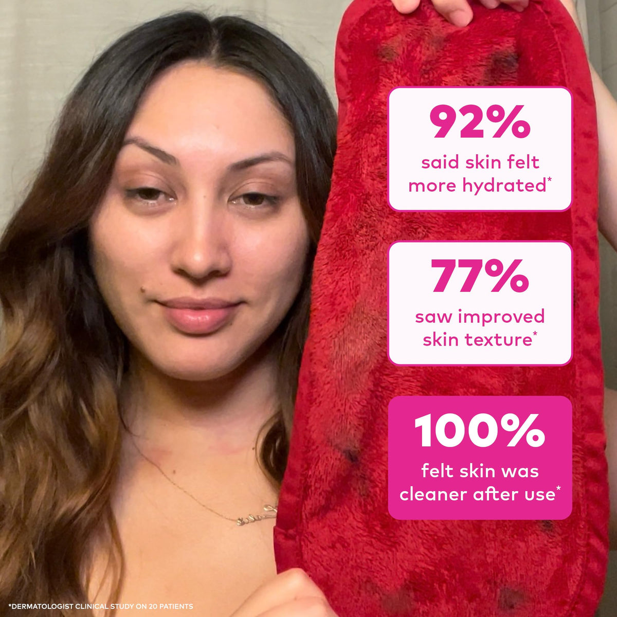 MakeUp Eraser flipped to show long and short fiber sides for exfoliate and erase