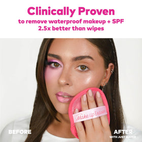 MakeUp Eraser close-up of short fibers lifting makeup, shows effective gentle removal