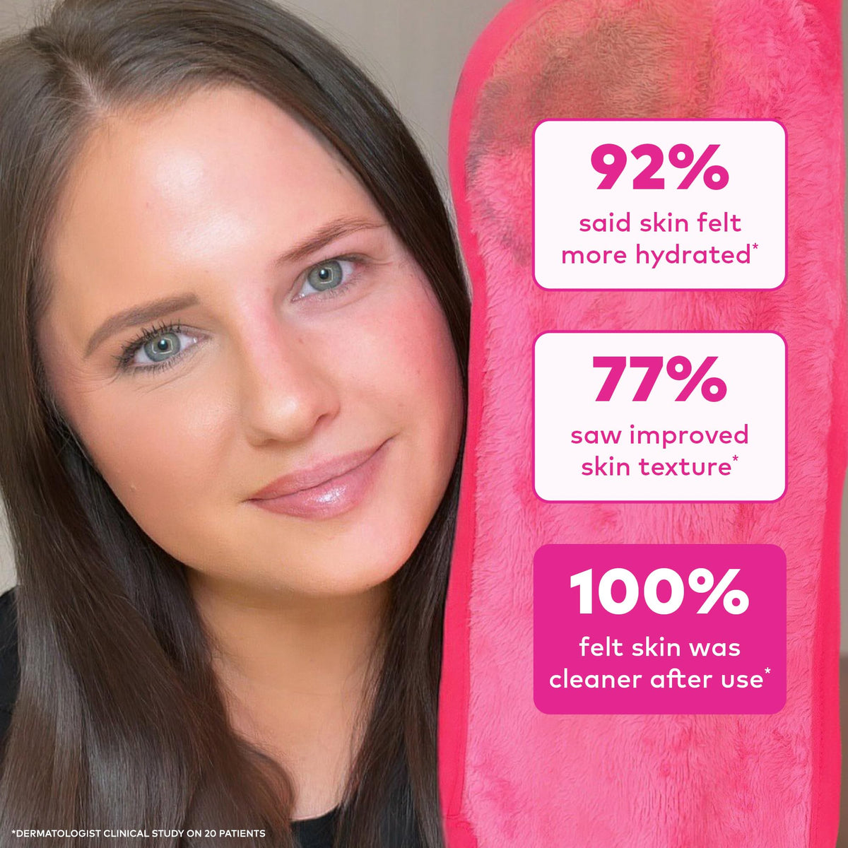 MakeUp Eraser held in hand for scale, shows full-size dimensions and travel-friendly benefit