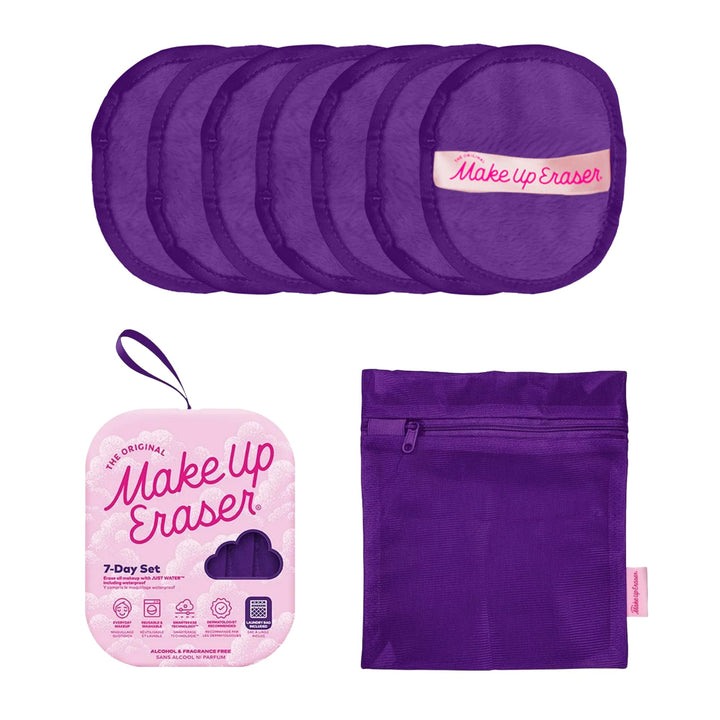 MakeUp Eraser front packaging showing Queen Purple set and weekly supply benefit