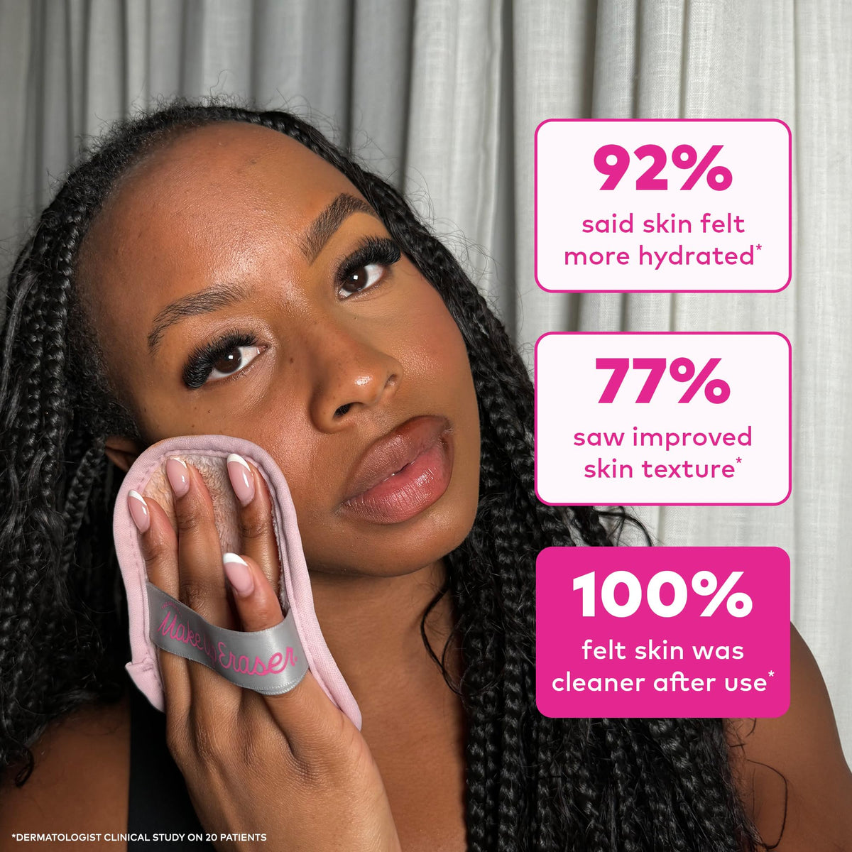MakeUp Eraser beside a hand to show size and portability for travel