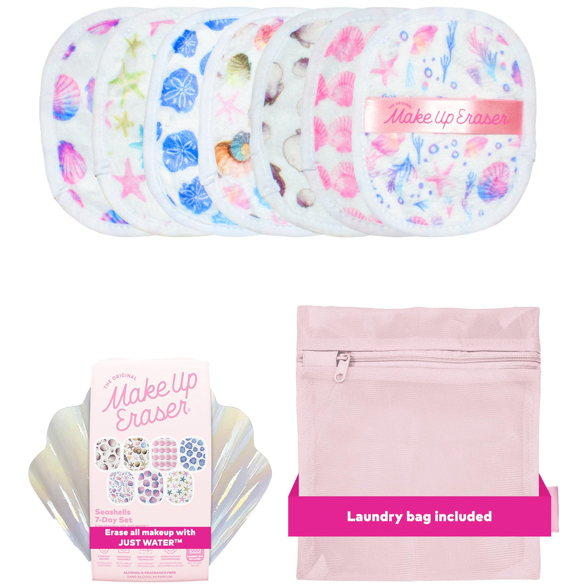 MakeUp Eraser seashells front packaging showing seven reusable pads and pattern benefit