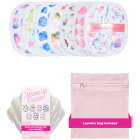 MakeUp Eraser seashells front packaging showing seven reusable pads and pattern benefit