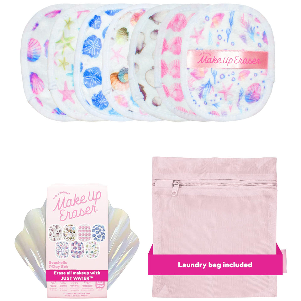 MakeUp Eraser seashells front packaging showing seven reusable pads and pattern benefit