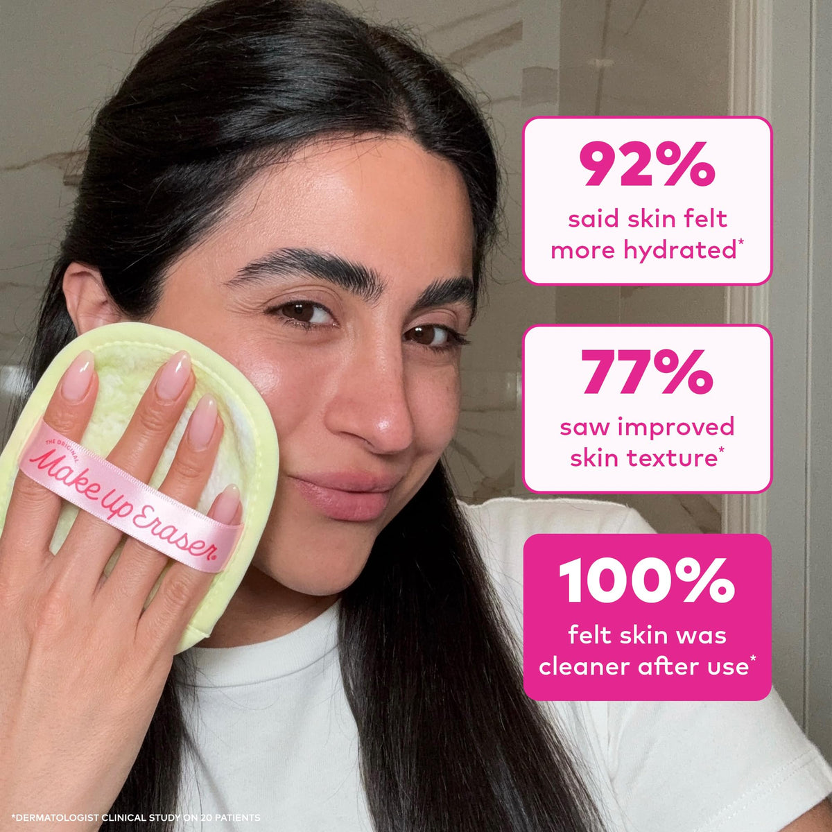 MakeUp Eraser held in hand to illustrate travel-ready pad size