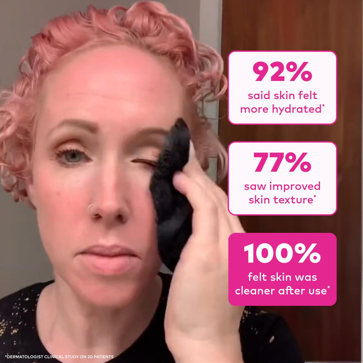 MakeUp Eraser beside a hand for size scale showing compact travel-friendly size benefit