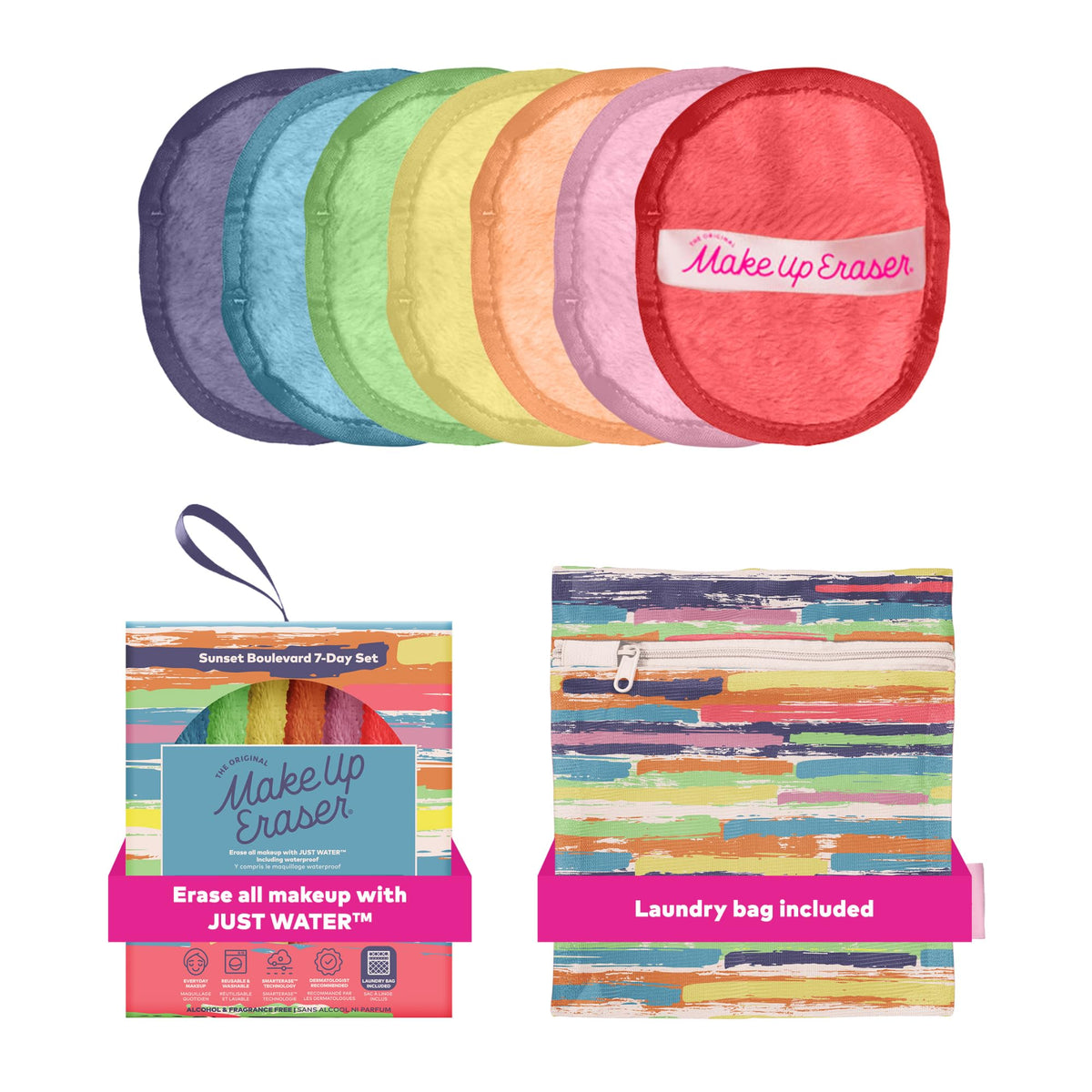 MakeUp Eraser front packaging in sunset colors showing seven pads and laundry bag, eco benefit
