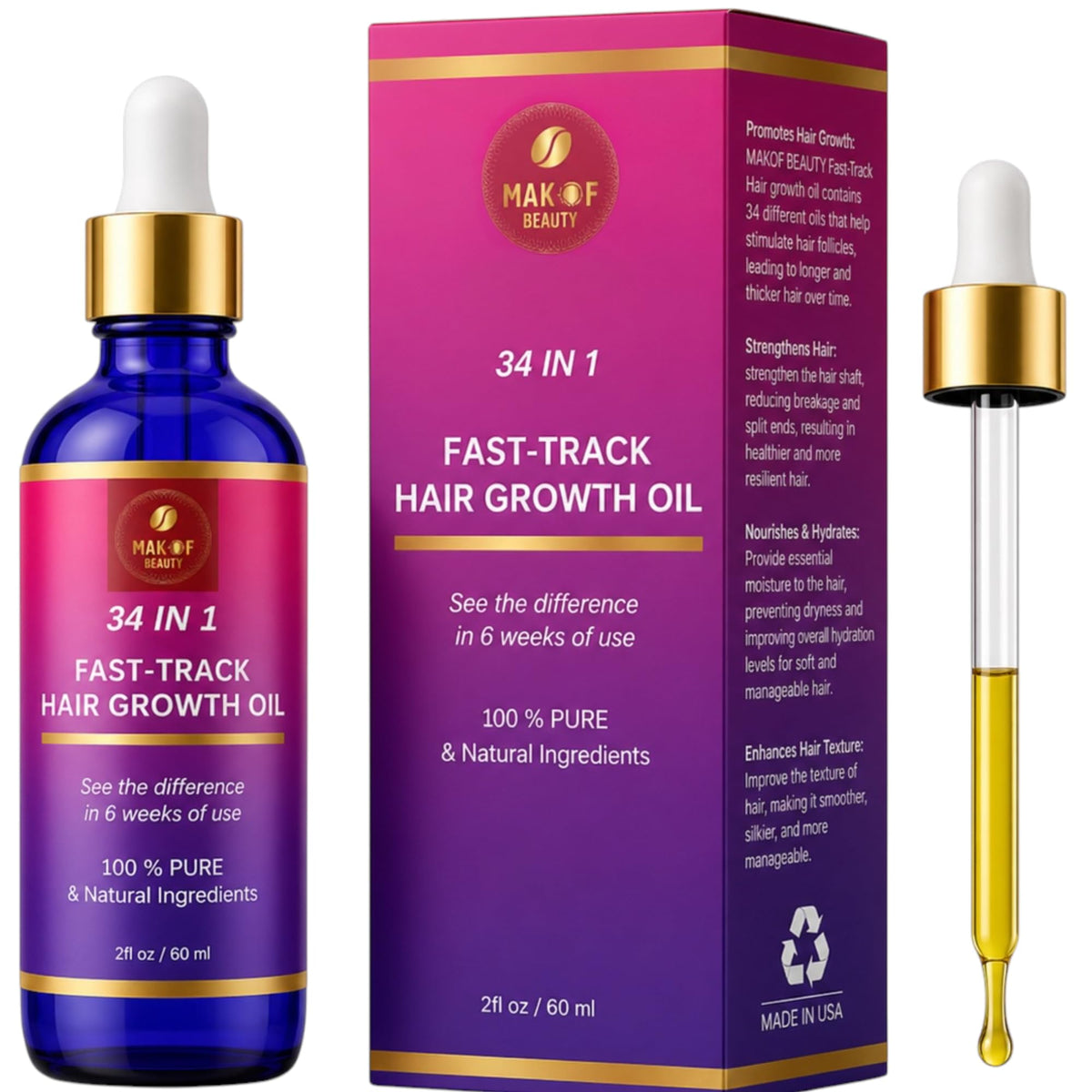 MAKOF BEAUTY front bottle view showing label and compact size benefit
