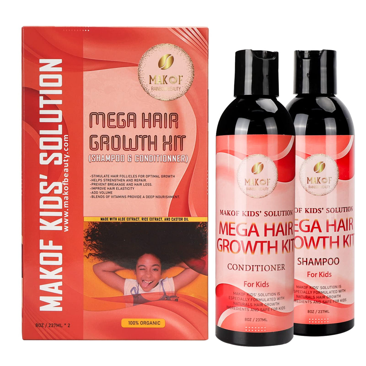 MAKOF BEAUTY front packaging of kids shampoo and conditioner shows gentle formula benefits