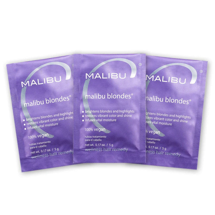 Malibu C three packets front view showing travel-friendly toner for clear blonde tones