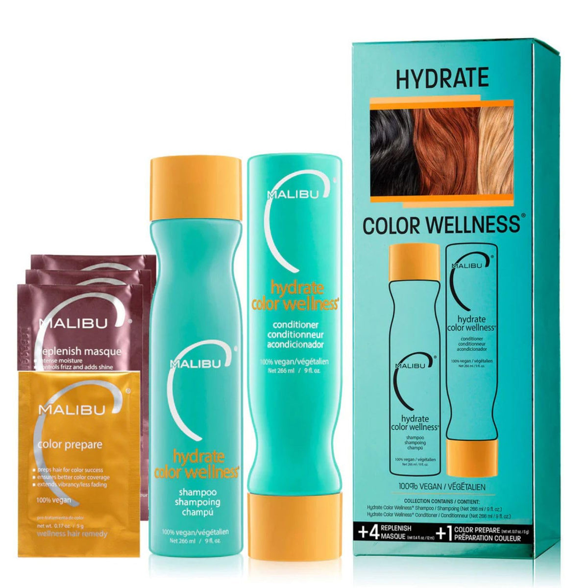 Malibu C front packaging showing full hydrate color wellness kit benefits