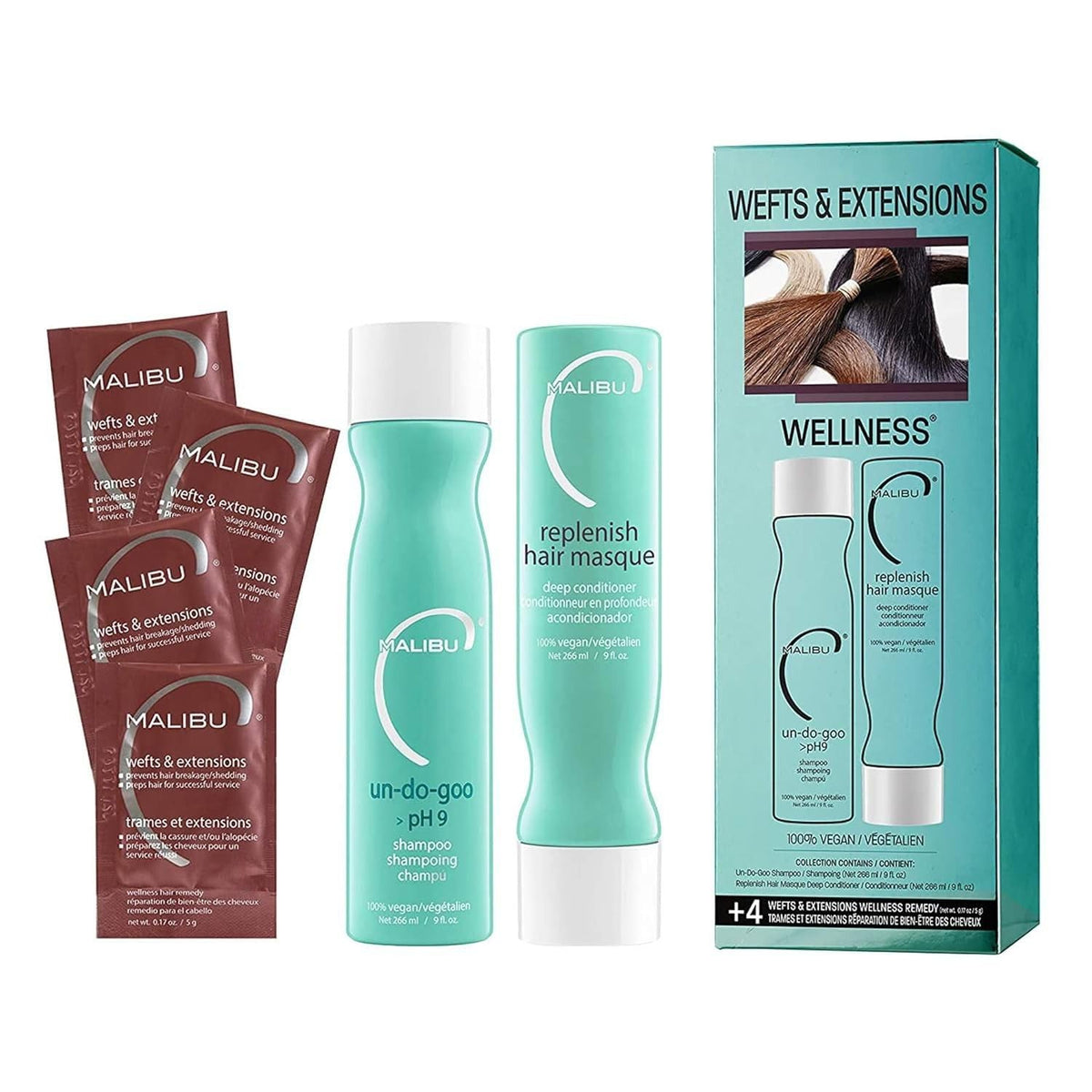 Malibu C front packaging showing full wefts and extensions kit benefit: clean bonds