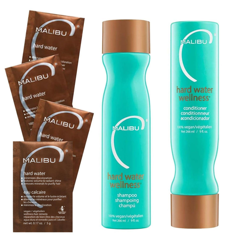 Malibu C front packaging showing complete hard water remedy set and benefits