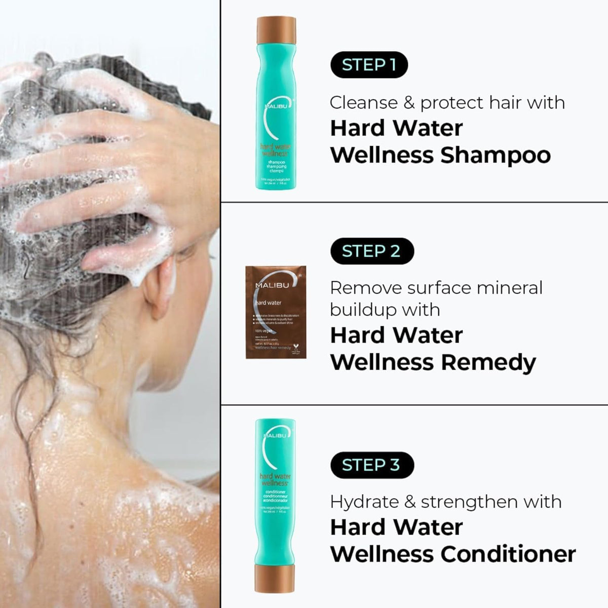 Malibu C hands applying mask to wet hair for targeted mineral removal