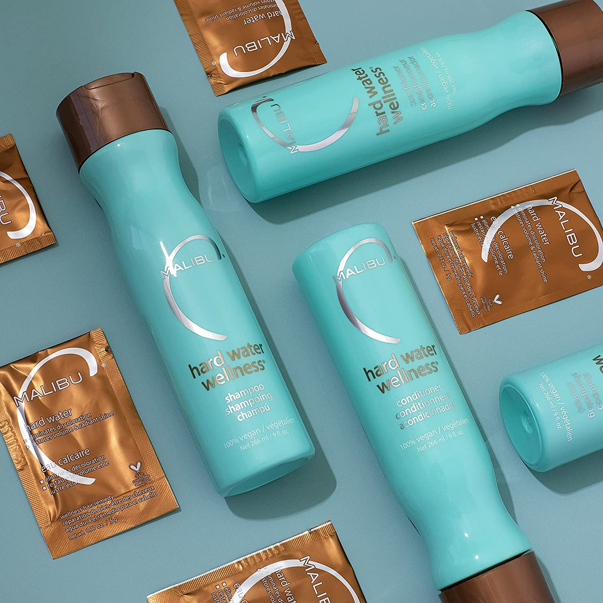 Malibu C bottle on bathroom shelf in lifestyle setting promoting salon results