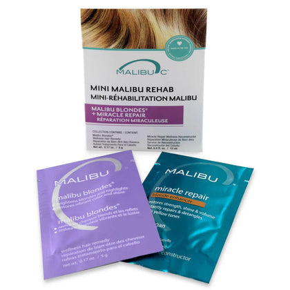 Malibu C front view of two mini rehab packets showing compact travel-ready treatment and convenience
